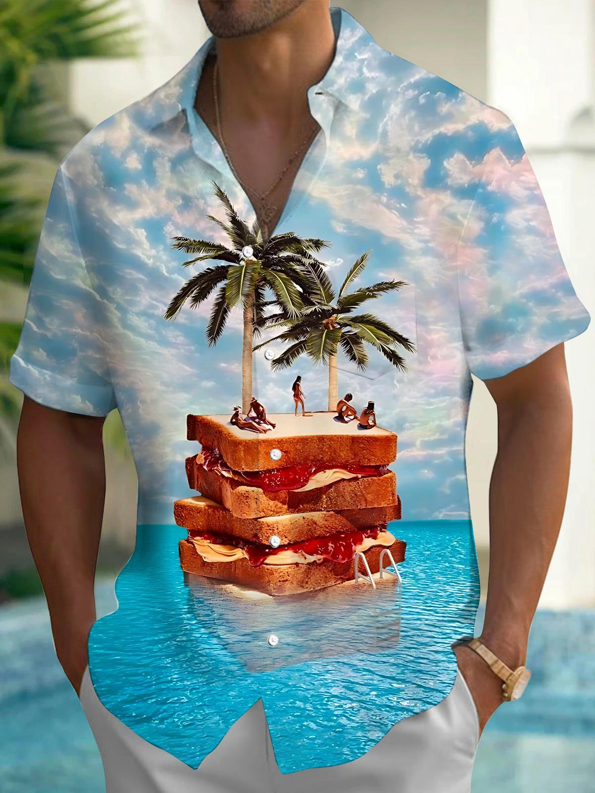 Ocean Toast Coconut Print Men's Pocket Short Sleeve Shirts