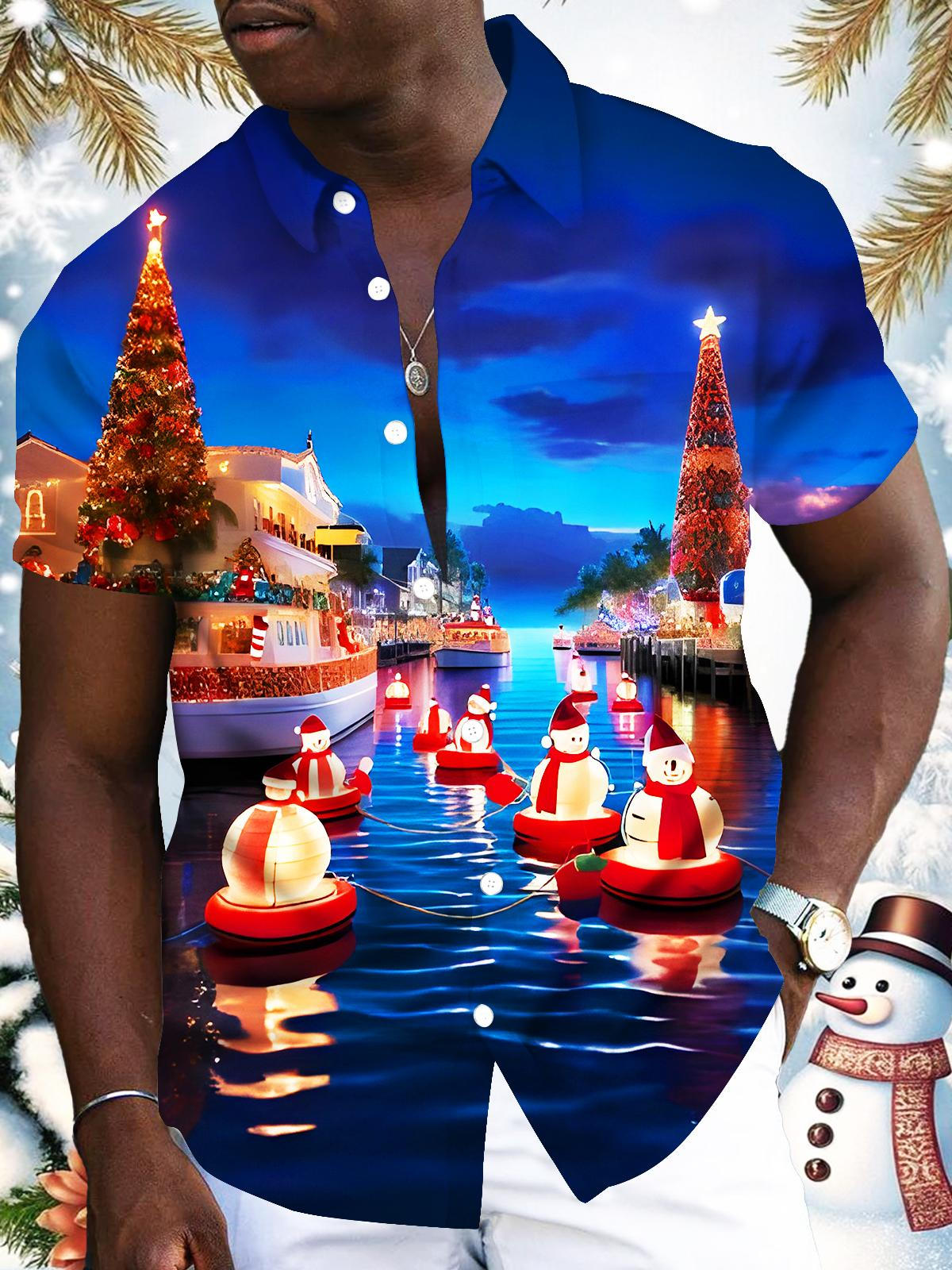 Fun Christmas Tree Snowman Ships Xmas Men's Pocket Short Sleeve Shirts