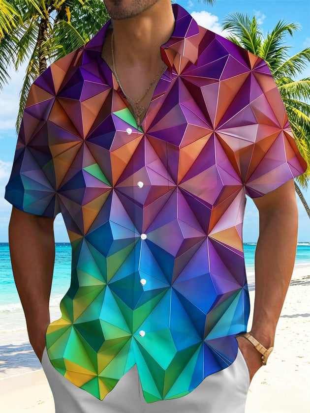 Geometric Gradient 3D Diamond Facet Men's Pocket Short Sleeve Shirts