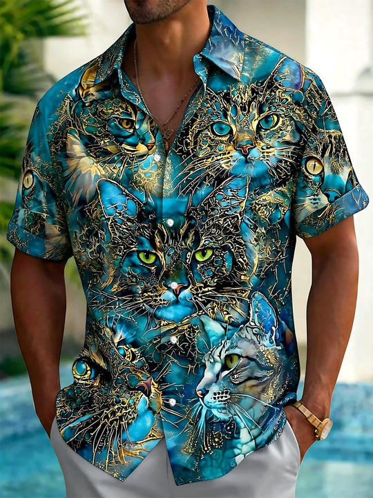 Cat Print Men's Pocket Short Sleeve Shirts