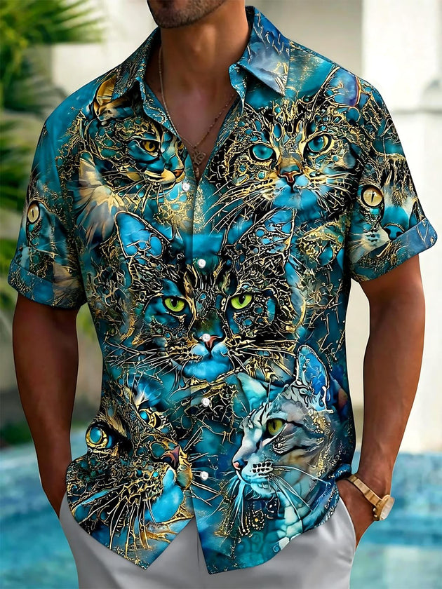 Cat Print Men's Pocket Short Sleeve Shirts