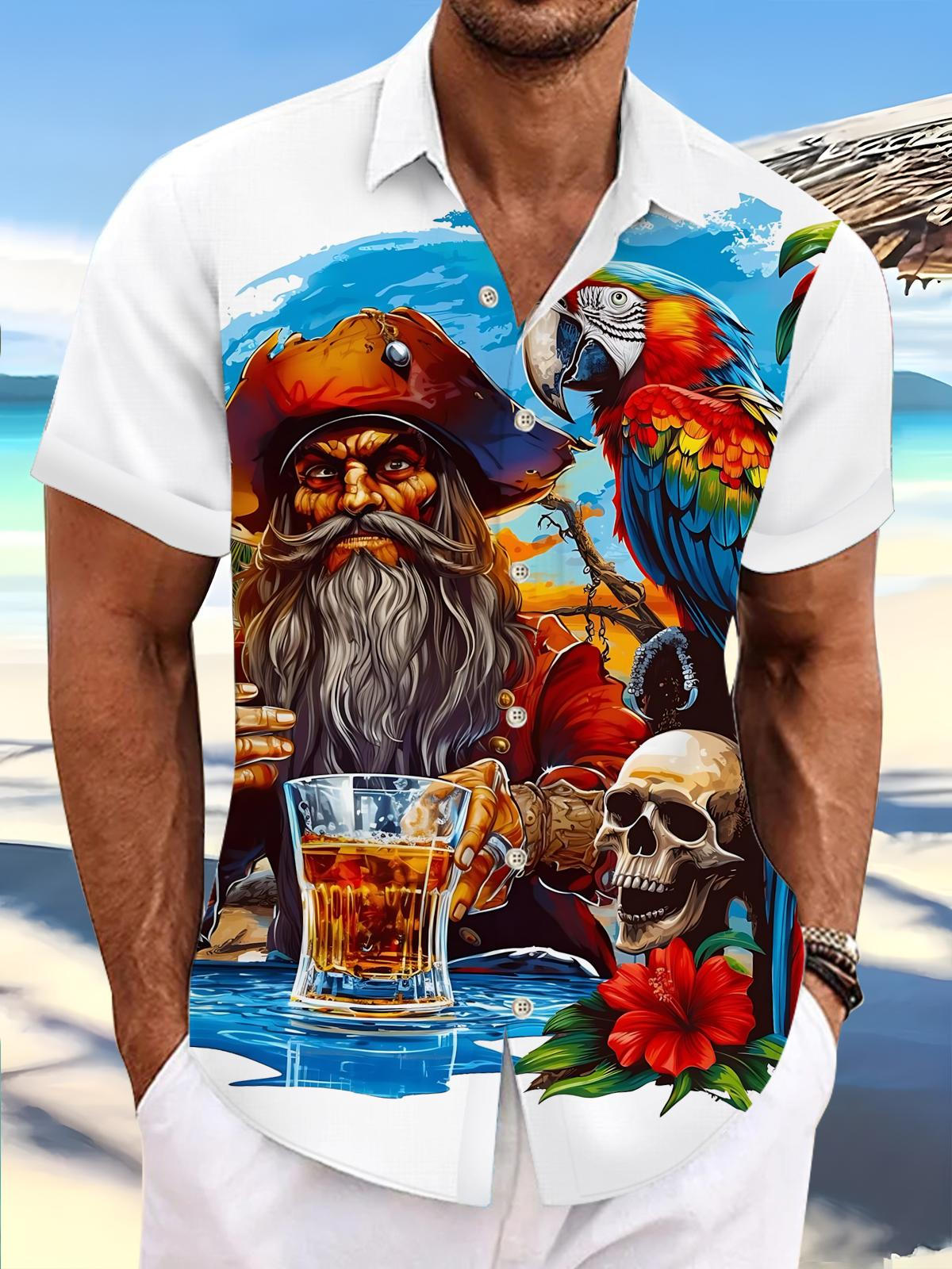 Pirate Parrot Print Men's Pocket Short Sleeve Shirts