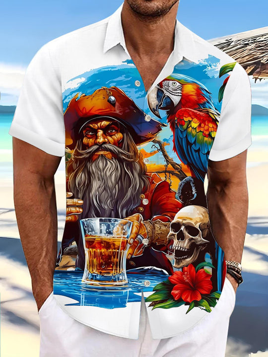 men's parrot print shirt front view tropical beach vacation