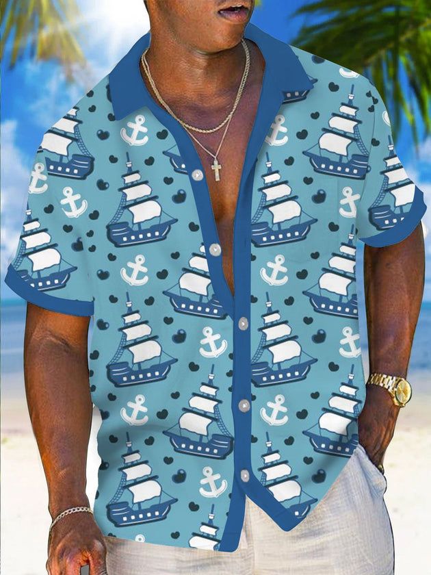 Men's blue anchor print short sleeve shirt front view