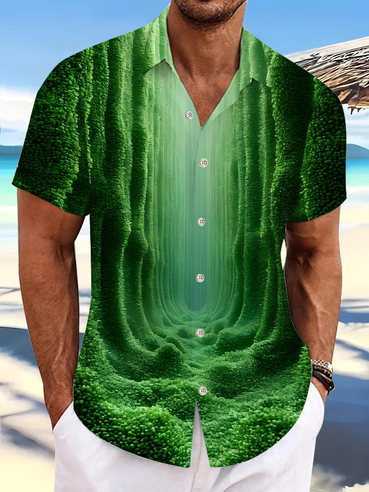 Green Plant Print Men's Pocket Short Sleeve Shirts