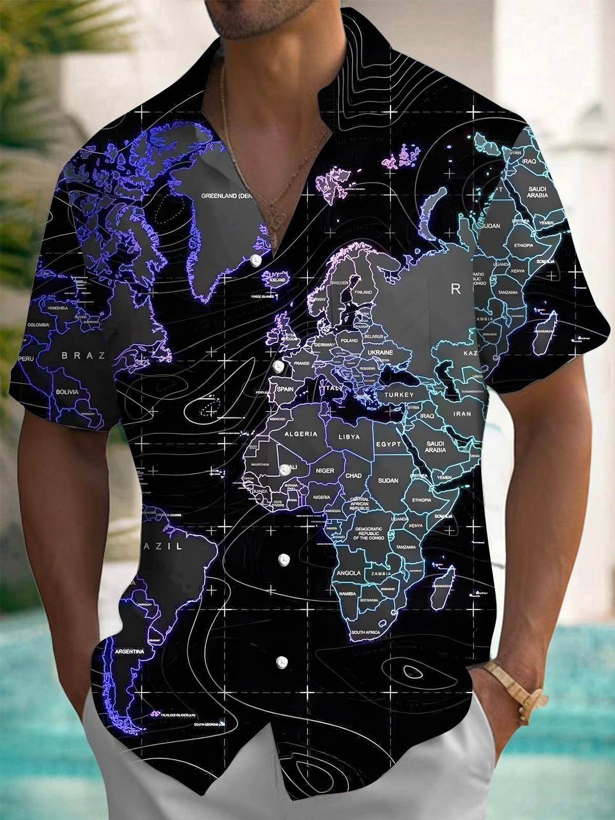 Map Print Men's Pocket Short Sleeve Shirts