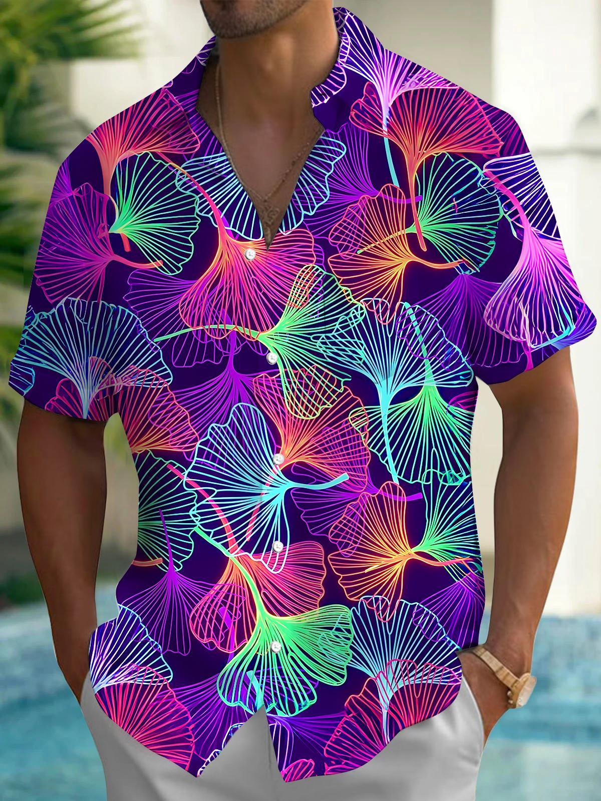 Hawaiian Dazzling Colorful Neon Gradient Ginkgo Leaf Men's Pocket Short Sleeve Shirts