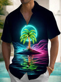 Coconut Tree Moon Print Men's Pocket Short Sleeve Shirts