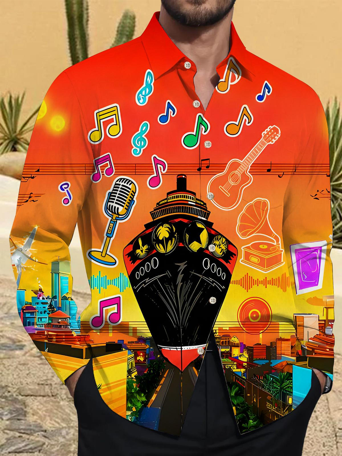 Fun Music Instruments Notes Cruise Ship Cityscape Men's Pocket Long Sleeve Shirts