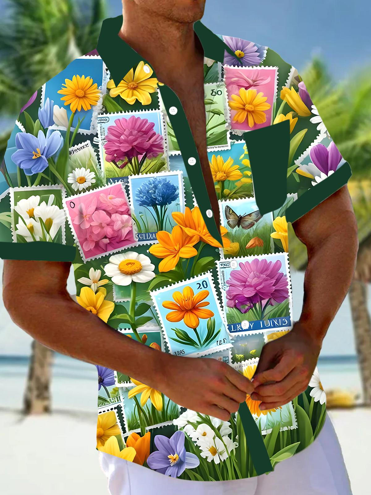 Stamp Floral Men's Pocket Short Sleeve Shirts