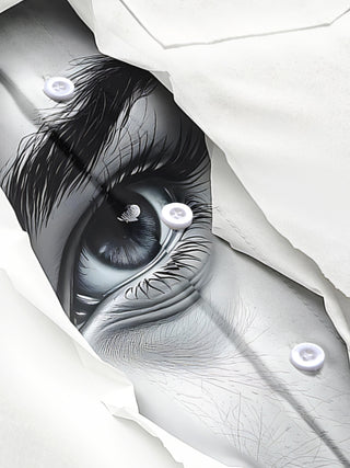 Men's face eye print short sleeve shirt flat lay view