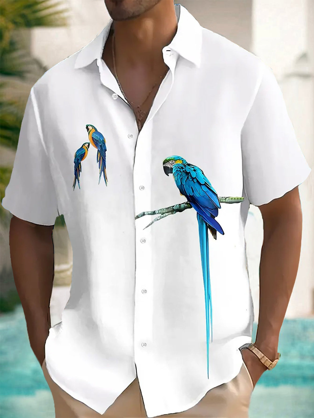 Parrot Print Men's Pocket Short Sleeve Shirts