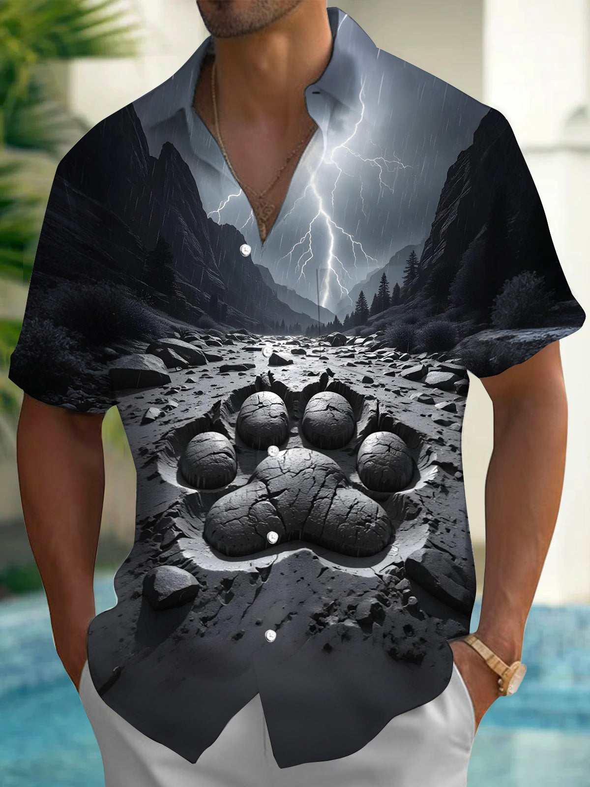 Valley Lightning Paw Print Men's Pocket Short Sleeve Shirts