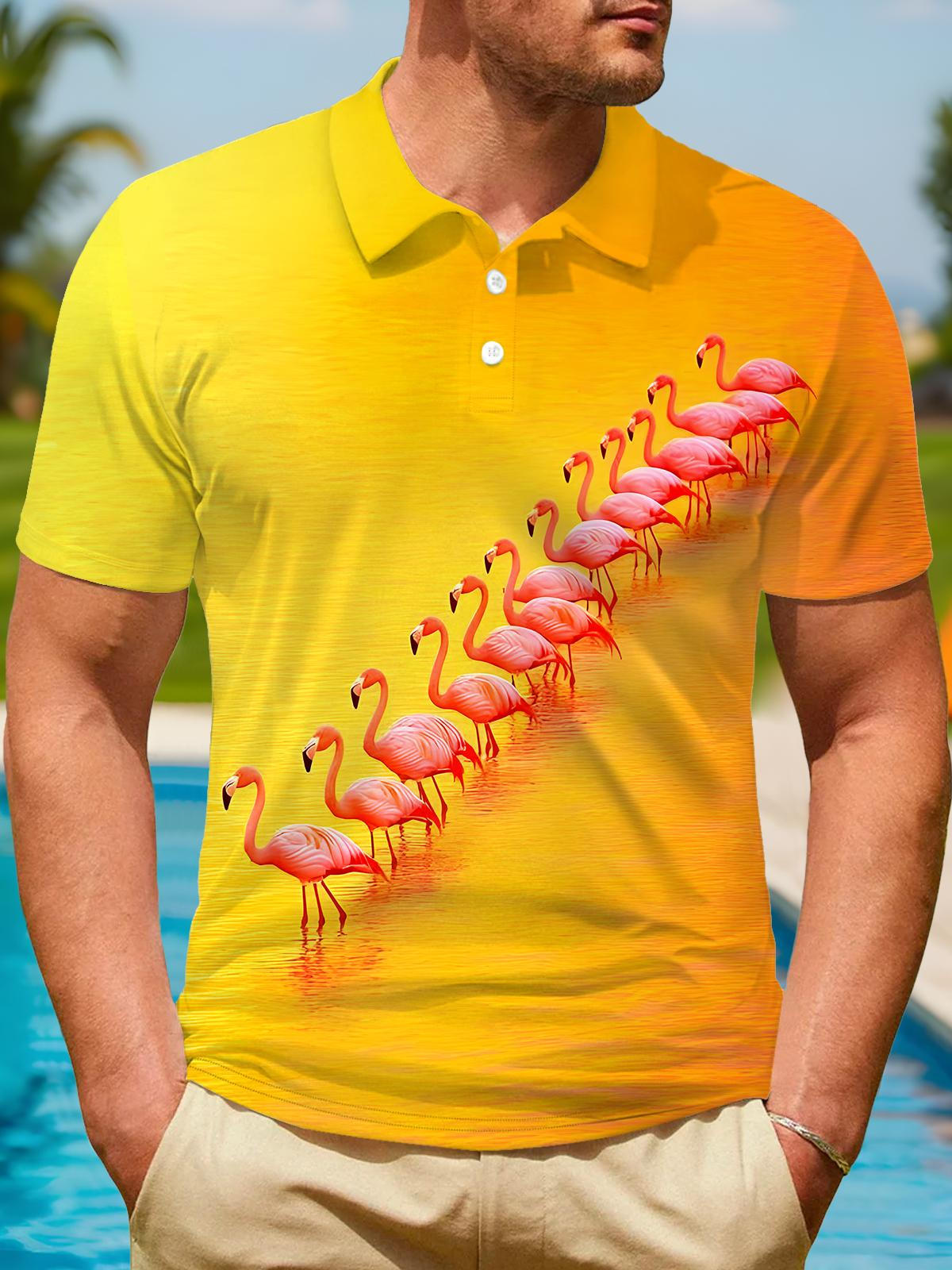 Flamingo Men's Short Sleeve Button Polo Shirt