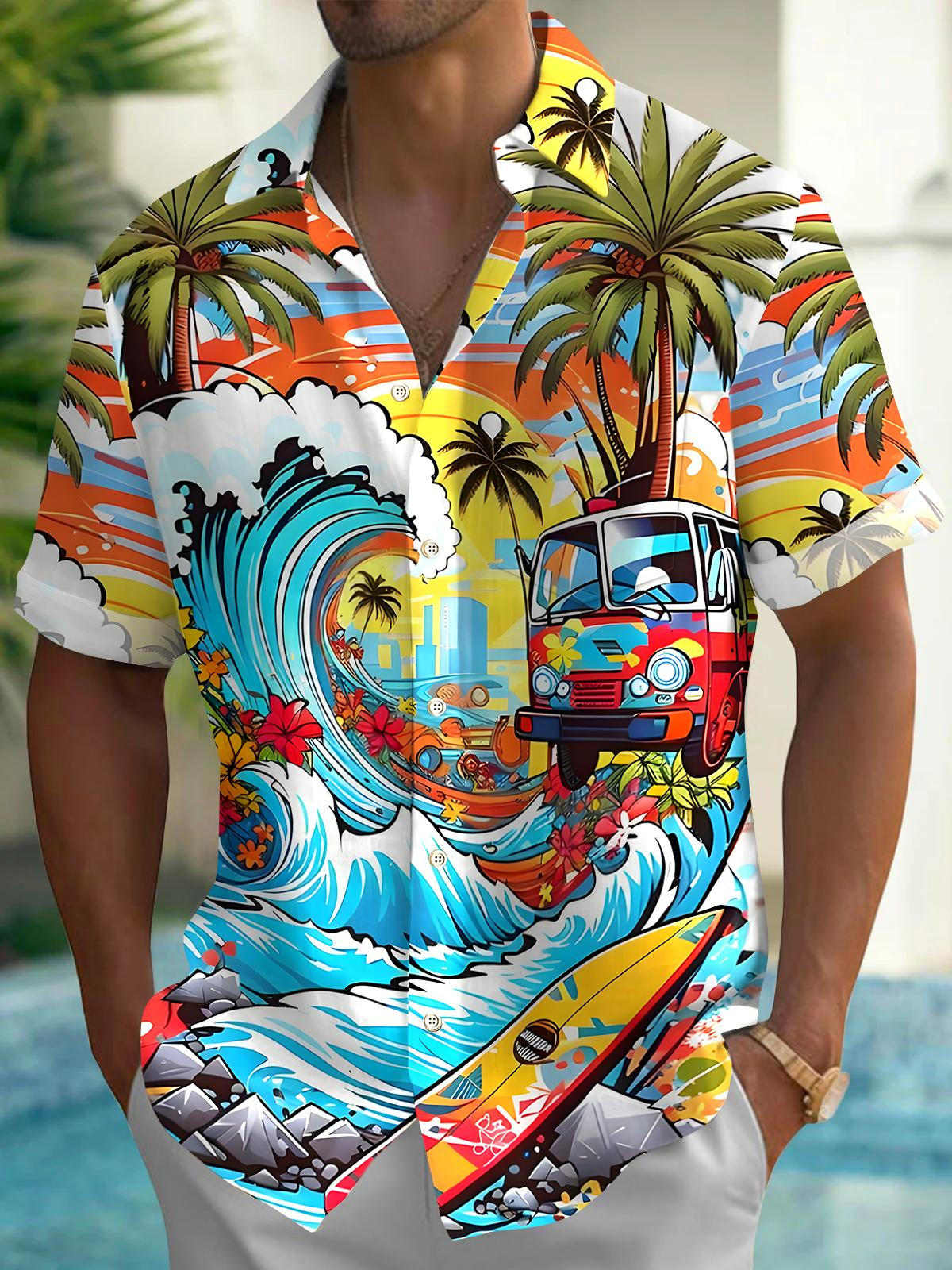 Hawaiian Travel Bus Men's Pocket Short Sleeve Shirts