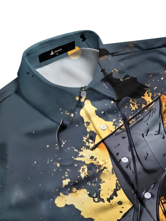 Men's boat art print pocket short sleeve shirt flat lay