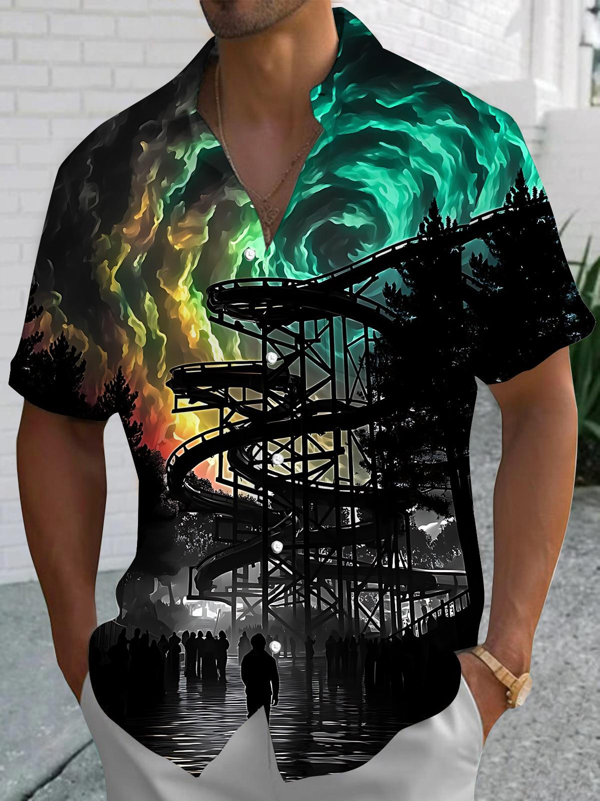 Roller Coaster Print Men's Pocket Short Sleeve Shirts