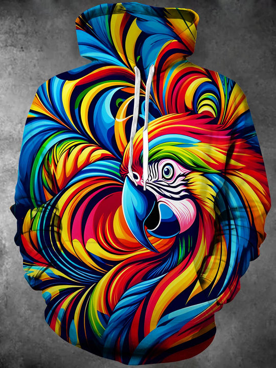 Men's colorful parrot swirl long sleeve pullover hoodie front view