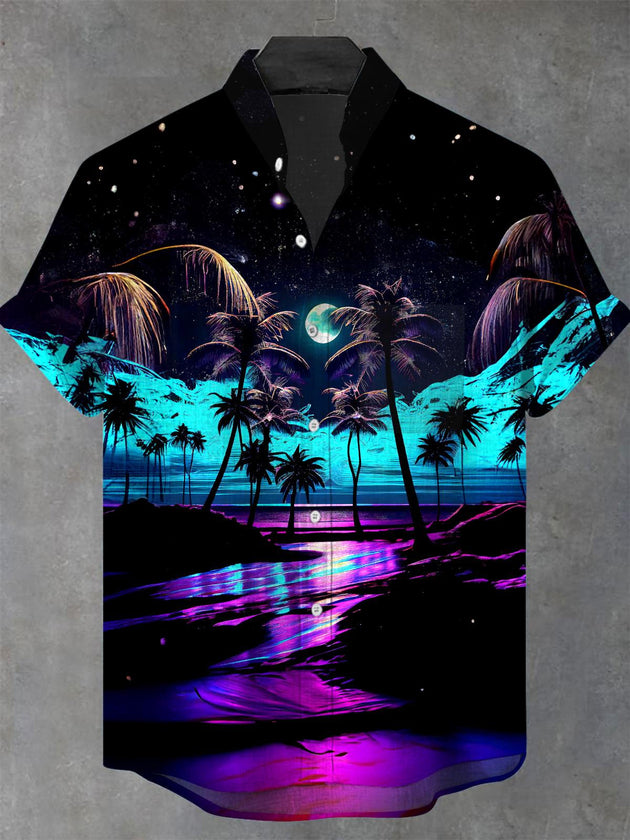 Men's Hawaiian coconut tree print short sleeve stand collar shirt front view for tropical beach vacation