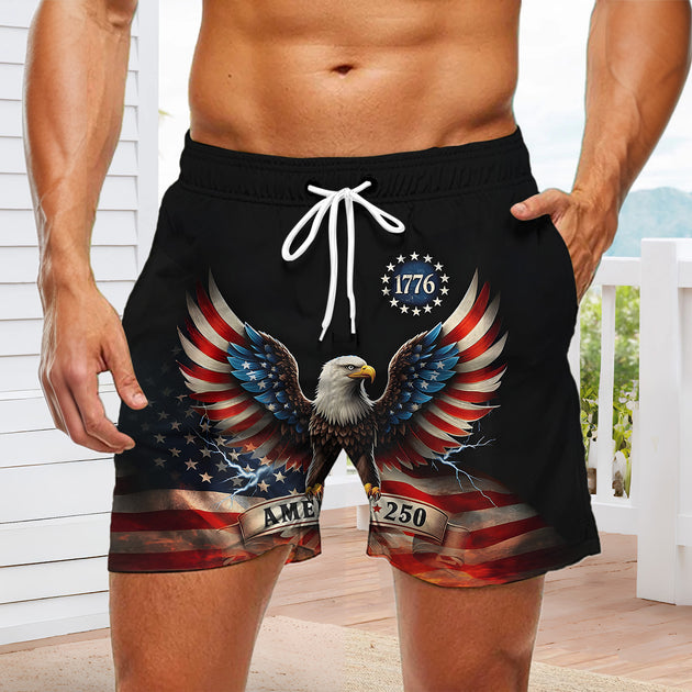 Men casual American flag print board shorts close-up detail view