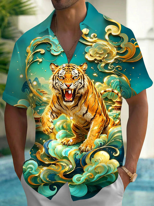 Art Gilded Auspicious Cloud Tiger Landscape Men's Pocket Short Sleeve Shirts