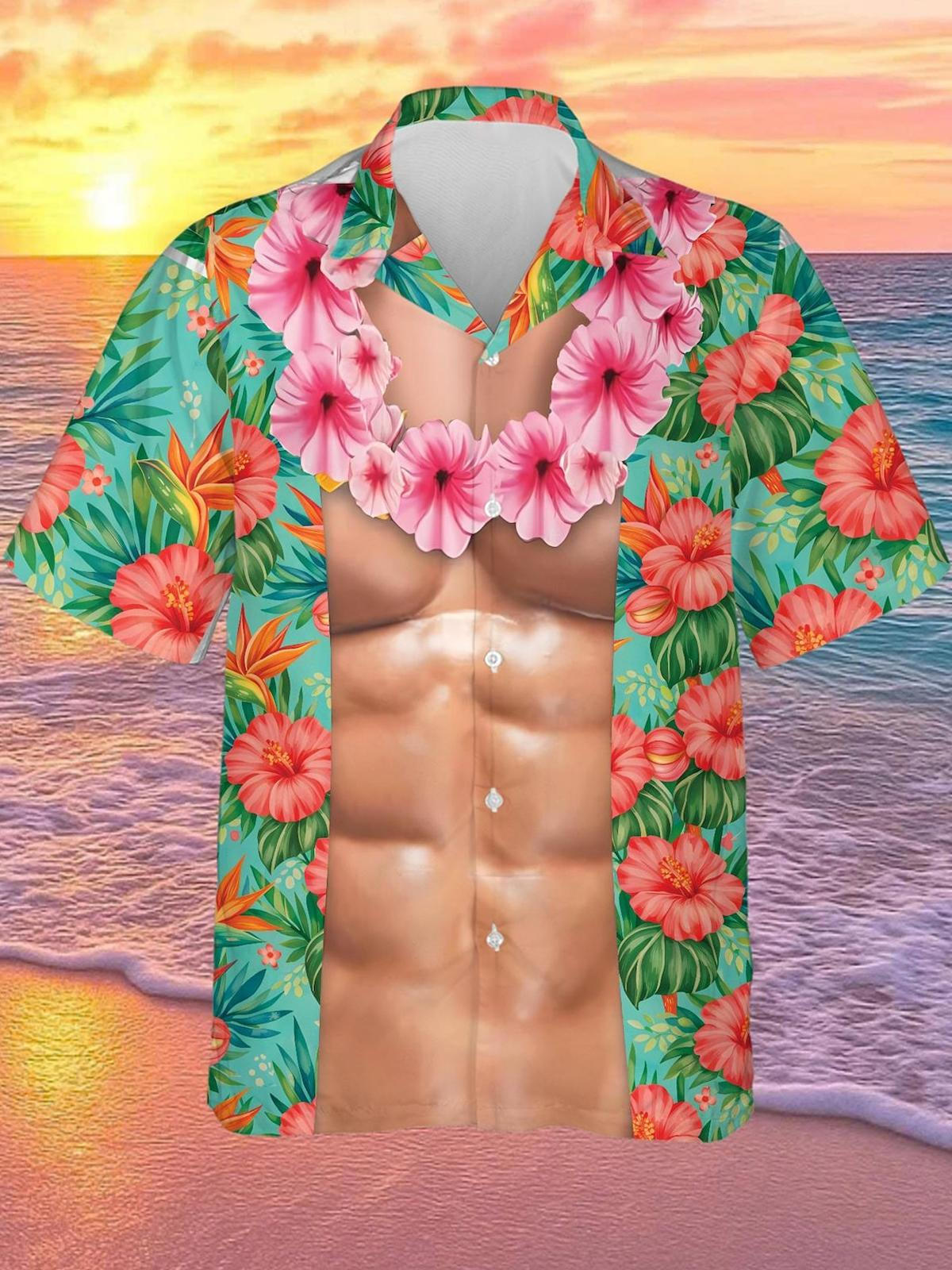 Hawaiian Flower Muscle Print Men's Pocket Cuban Collar Short Sleeve Shirt