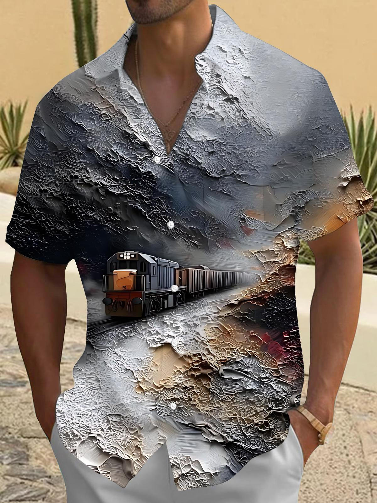Train Oil Painting Art Print Men's Pocket Short Sleeve Shirts