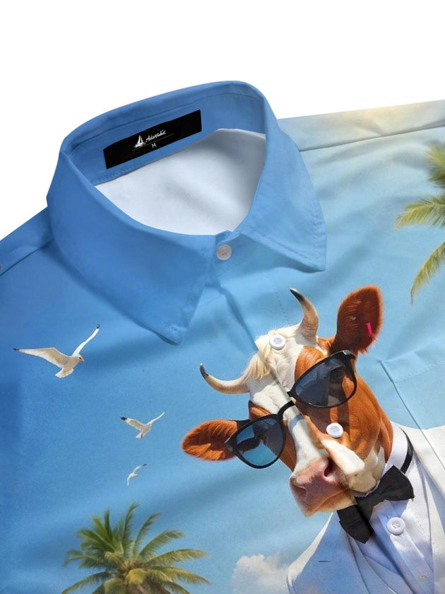 Men's tropical half sleeve cow print aloha shirt side view
