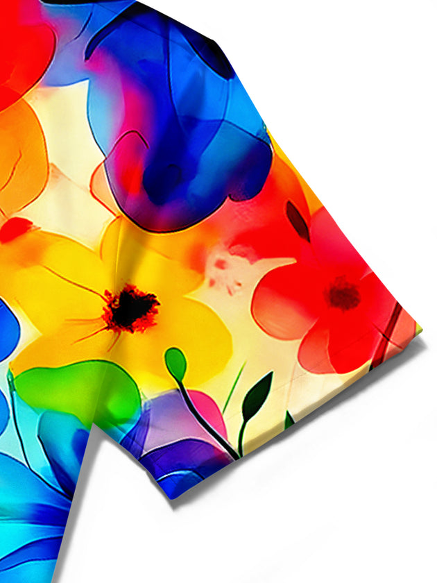 Close-up detail of men's Hawaiian floral pocket short sleeve shirt