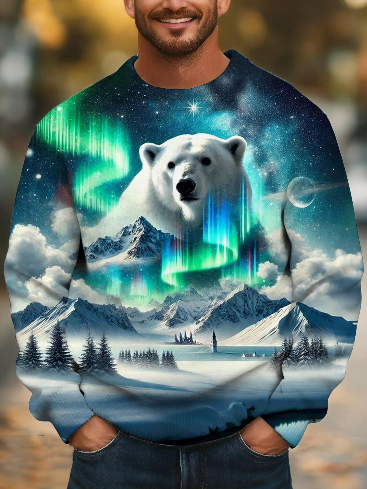 Aurora Polar Bear Snow Mountain Print Men's Long Sleeve Round Neck Tops