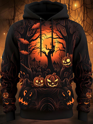 Men's pumpkin print long sleeve pullover hoodie front view Halloween costume