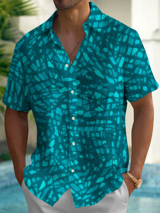 Adaychic Men's Teal Geometric Mosaic Print Short Sleeve Button Down Shirt with Chest Pocket