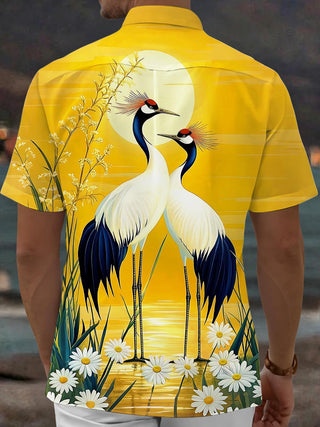 Red-Crowned Crane Sunset Men's Pocket Short Sleeve Shirts