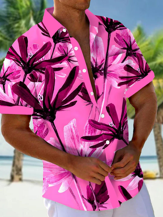 Men's floral short sleeve Hawaiian shirt front view for tropical beach vacation