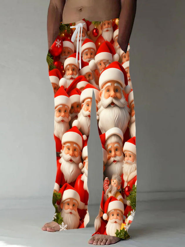 Men's casual Santa Claus print elastic waist pants front view