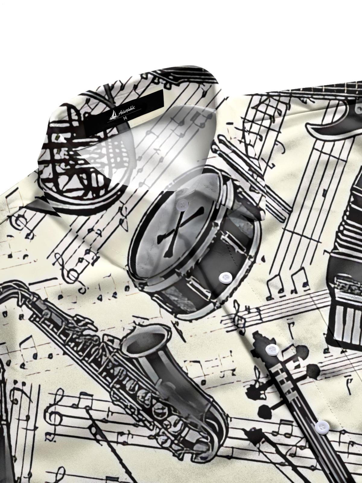 Vintage Musical Instrument Note Print Men's Pocket Long Sleeve Shirts