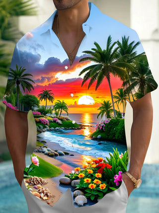 Men's blue Hawaiian short sleeve shirt front view for beach vacation