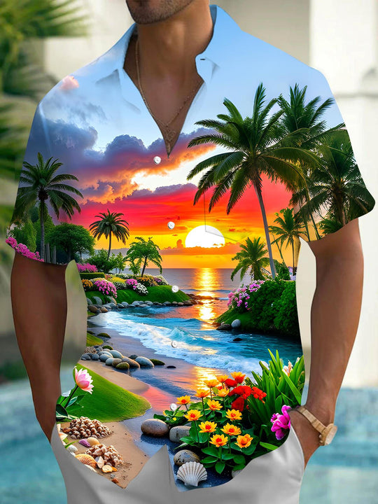 Men's blue Hawaiian short sleeve shirt front view for beach vacation