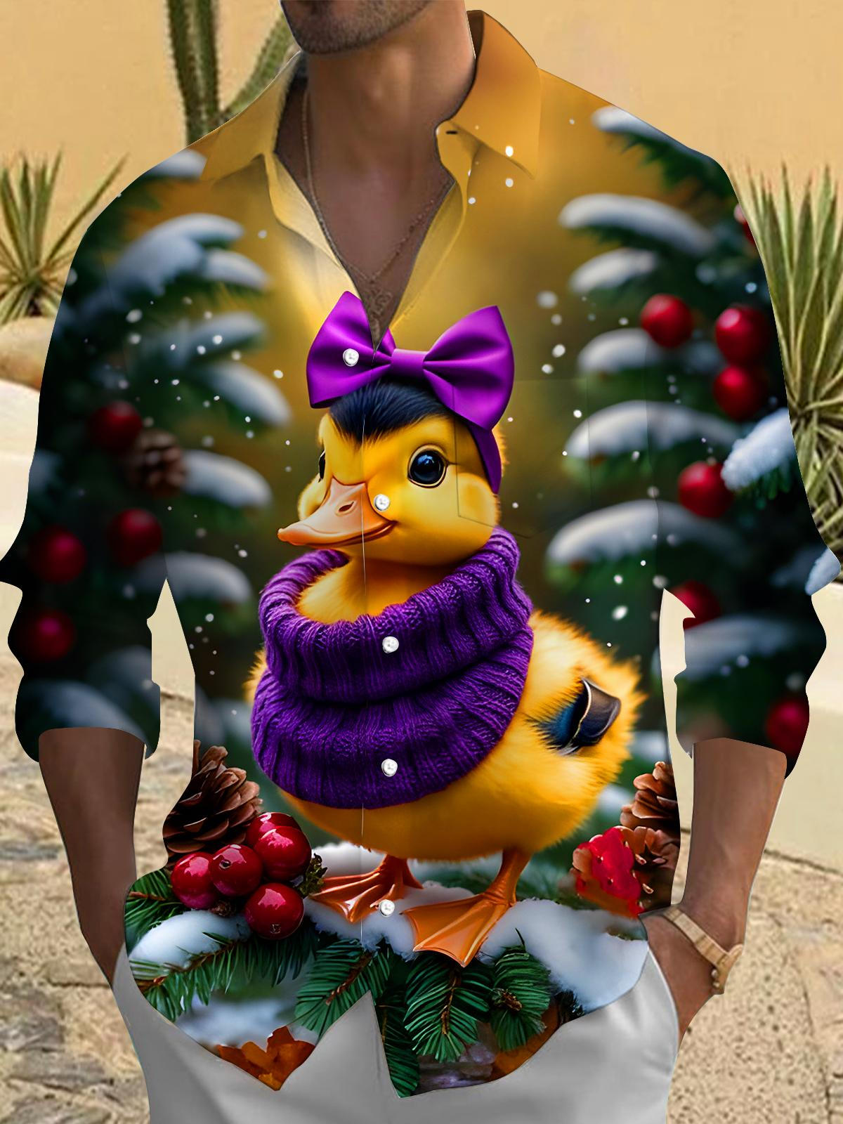 Funny Winter Snow Scene Ducks Men's Pocket Long Sleeve Shirts