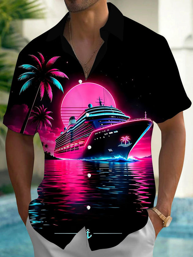 Hawaiian Coconut Tree Cruise Ship Men's Pocket Short Sleeve Shirts