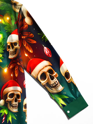 Men's Christmas skull print long sleeve shirt close-up detail of pattern