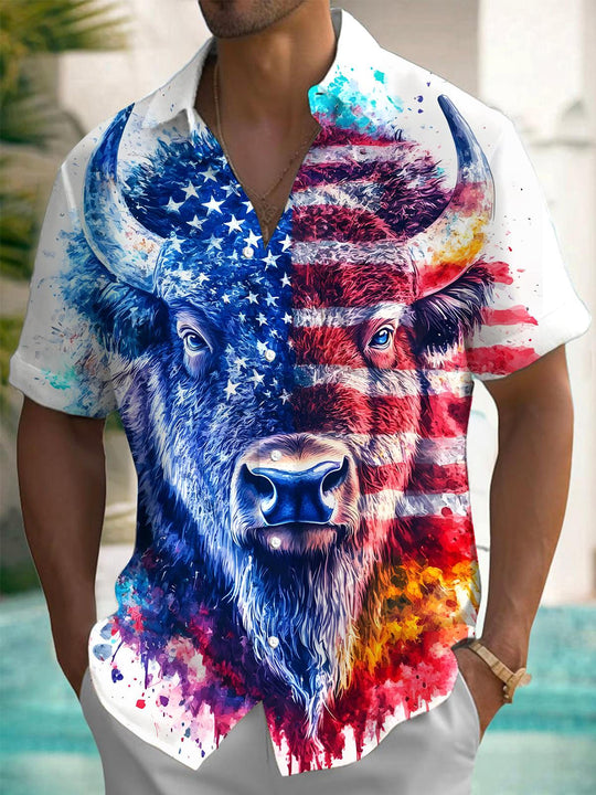 Men's American flag cow head print short sleeve shirt front view for Independence Day