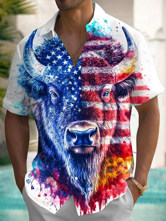 Men's American flag cow head print short sleeve shirt front view for Independence Day