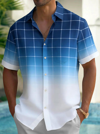 Adaychic Men's Geometric Blue Gradient Plaid Print Short Sleeve Button Down Shirt with Chest Pocket