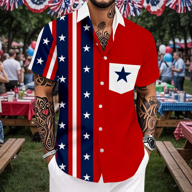 Hawaiian American Flag Shirt Stars and Stripes Patriotic Button Down Shirts Casual Resort Wear for Daily Wear imaginative