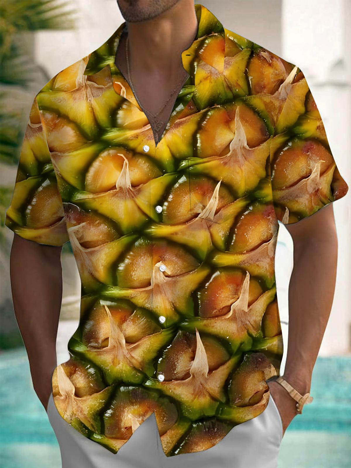 Pineapple Print Men's Pocket Short Sleeve Shirts