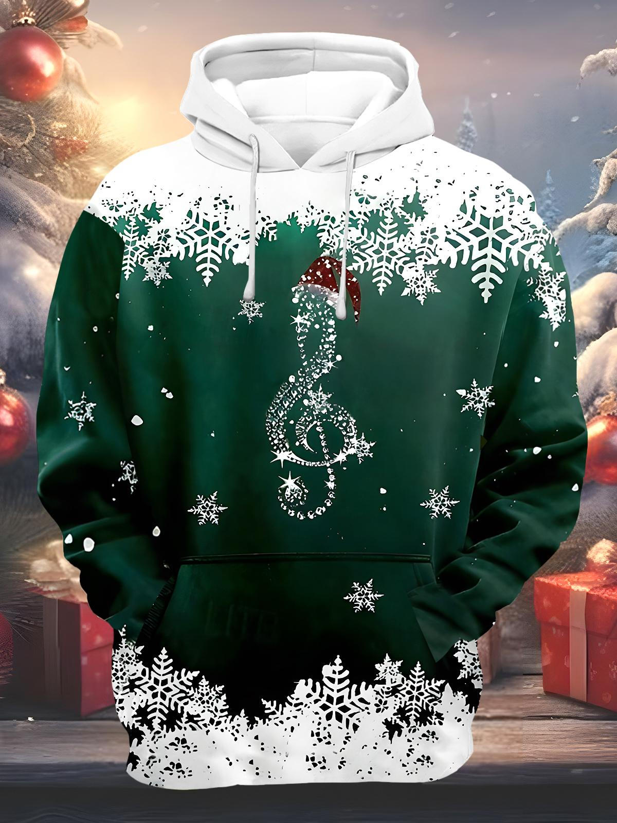 Christmas Snowflake Musical Note Men's Long Sleeve Pocket Hoodies