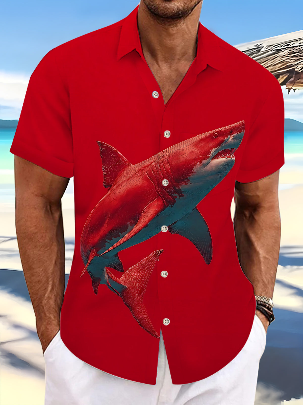 Shark Print Men's Pocket Short Sleeve Shirts