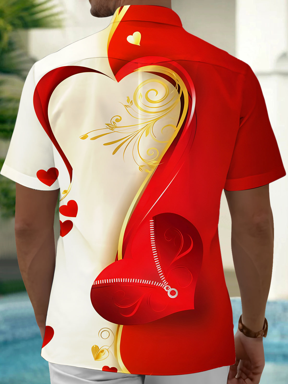 Fun Zipper Heart Color Block Men's Pocket Short Sleeve Shirts