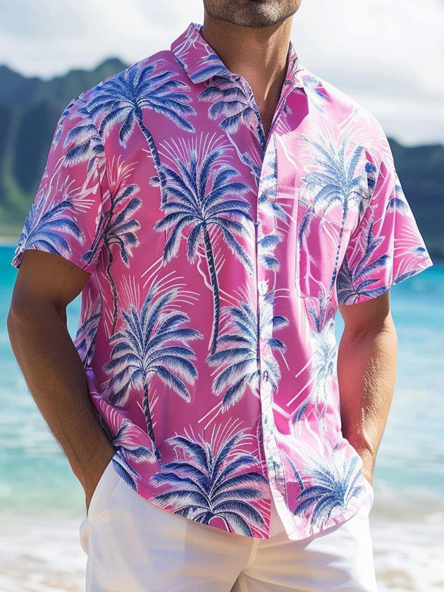 Men's Hawaiian botanical print short sleeve shirt front view for tropical beach vacation